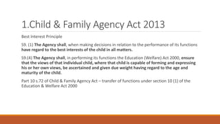 1.Child & Family Agency Act 2013
Best Interest Principle
S9. (1) The Agency shall, when making decisions in relation to the performance of its functions
have regard to the best interests of the child in all matters.
S9.(4) The Agency shall, in performing its functions the Education (Welfare) Act 2000, ensure
that the views of that individual child, where that child is capable of forming and expressing
his or her own views, be ascertained and given due weight having regard to the age and
maturity of the child.
Part 10 s.72 of Child & Family Agency Act – transfer of functions under section 10 (1) of the
Education & Welfare Act 2000
 