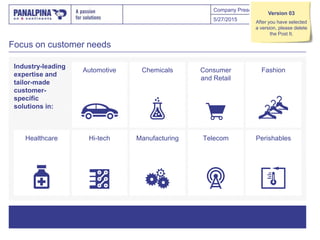 Company Presentation
Focus on customer needs
5/27/2015 29
Industry-leading
expertise and
tailor-made
customer-
specific
solutions in:
Automotive Chemicals Consumer
and Retail
Fashion
Healthcare Hi-tech Manufacturing Telecom Perishables
Version 03
After you have selected
a version, please delete
the Post It.
 