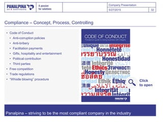 Company Presentation
Compliance – Concept, Process, Controlling
Panalpina – striving to be the most compliant company in the industry
5/27/2015 32
• Code of Conduct
• Anti-corruption policies
• Anti-bribery
• Facilitation payments
• Gifts, hospitality and entertainment
• Political contribution
• Third parties
• Free competition
• Trade regulations
• “Whistle blowing” procedure Click
to open
 