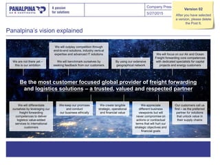 Company Presentation
Panalpina’s vision explained
65/27/2015
By using our extensive
geographical network
We create tangible
strategic, operational
and financial value
Our customers call us
first – as the preferred
partner for solutions
that unlock value in
their supply chains
We appreciate
different business
viewpoints but will
never compromise on
actions or contractual
terms that will hurt our
strategic objectives and
financial goals
We will differentiate
ourselves by leveraging our
freight forwarding
competences to deliver
logistics value-added
services to international
customers
We keep our promises
and conduct
our business ethically
We are not there yet –
this is our ambition
We will focus on our Air and Ocean
Freight forwarding core competences
with dedicated specialists for capital
projects and energy customers
We will outplay competition through
end-to-end solutions, industry vertical
expertise and advanced IT solutions
We will benchmark ourselves by
seeking feedback from our customers
Be the most customer focused global provider of freight forwarding
and logistics solutions – a trusted, valued and respected partner
Version 02
After you have selected
a version, please delete
the Post It.
 