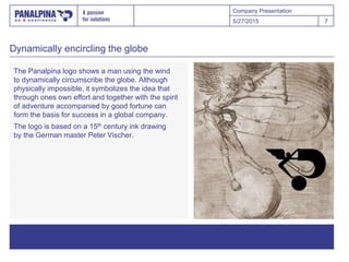 Company Presentation
Dynamically encircling the globe
5/27/2015 7
The Panalpina logo shows a man using the wind
to dynamically circumscribe the globe. Although
physically impossible, it symbolizes the idea that
through ones own effort and together with the spirit
of adventure accompanied by good fortune can
form the basis for success in a global company.
The logo is based on a 15th century ink drawing
by the German master Peter Vischer.
 