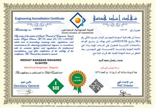 MEDHAT RAMADAN MOHAMED
ELSAYED
Electrical Engineer Degree
This certification is valid until: 15 Dhul Qaedah 1437
129032
 