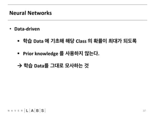 Neural 
Networks 
37 
• Data-­‐driven 
§ 학습 Data 
에 기초해 해당 Class 
의 확률이 최대가 되도록 
§ Prior 
knowledge 
를 사용하지 않는다. 
! 학습 Data를 그대로 모사하는 것 
 