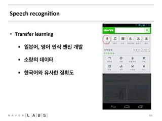 Speech 
recogniNon 
64 
FFNN 
CNN 
RNN 
• Transfer 
learning 
§ 일본어, 영어 인식 엔진 개발 
§ 소량의 데이터 
§ 한국어와 유사한 정확도 
 
