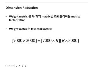• Weight 
matrix 를 두 개의 matrix 
곱으로 분리하는 matrix 
factorizaNon 
• Weight 
matrix는 low-­‐rank 
matrix 
Dimension 
ReducNon 
[7000 ×3000] =[7000 × R][R×3000] 
 