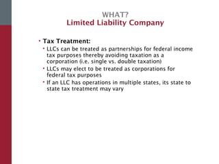 WHAT?
Limited Liability Company
• Tax Treatment:
 LLCs can be treated as partnerships for federal income
tax purposes thereby avoiding taxation as a
corporation (i.e. single vs. double taxation)
 LLCs may elect to be treated as corporations for
federal tax purposes
 If an LLC has operations in multiple states, its state to
state tax treatment may vary
 
