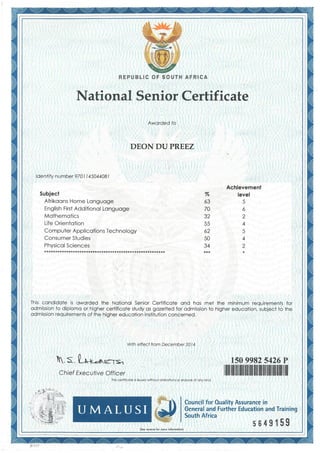 National Senior Certificate - D du Preez