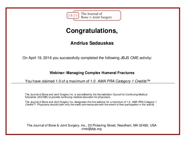 Complex humeral fractures JBJS webinar 2016.04 certificate