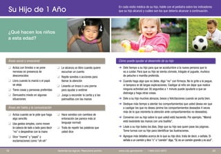 Su Hijo de 1 Año
¿Qué hacen los niños
a esta edad?
En cada visita médica de su hijo, hable con el pediatra sobre los indicadores
que su hijo alcanzó y cuáles son los que debería alcanzar a continuación.
Áreas social y emocional Cómo puede ayudar al desarrollo de su hijo
Áreas del habla y la comunicación
q	 Actúa con timidez o se pone
nervioso en presencia de
desconocidos
q	 Llora cuando la mamá o el papá
se aleja
q	 Tiene cosas y personas preferidas
q	 Demuestra miedo en algunas
situaciones
q	 Actúa cuando se le pide que haga
algo sencillo
q	 Usa gestos simples, como mover
la cabeza de lado a lado para decir
“no” o despedirse con la mano
q	 Dice “mamá” y “papá” y
exclamaciones como “oh-oh”
q	 Le alcanza un libro cuando quiere
escuchar un cuento
q	 Repite sonidos o acciones para
llamar la atención
q	 Levanta un brazo o una pierna
para ayudar a vestirse
q	 Juega a esconder la carita y a las
palmaditas con las manos
q	 Hace sonidos con cambios de
entonación (se parece más al
lenguaje normal)
q	 Trata de repetir las palabras que
usted dice
➔	 Dele tiempo a su hijo para que se acostumbre a la nueva persona que lo
va a cuidar. Para que su hijo se sienta cómodo, tráigale el juguete, muñeco
de peluche o mantita preferida.
➔	 Cuando haga algo que no debe, diga “no” con firmeza. No le grite o le pegue,
ni tampoco le dé largas explicaciones. Castigar al niño sin dejar que realice
ninguna actividad por 30 segundos a 1 minuto puede ayudarle a que se
distraiga y haga otras cosas.
➔	 Dele a su hijo muchos abrazos, besos y felicitaciones cuando se porta bien.
➔	 Dedique más tiempo a alentar los comportamientos que usted desea ver que
a castigar los que no desea (anime los comportamientos deseados 4 veces
más de lo que reorienta la atención ante comportamientos no deseados).
➔	 Converse con su hijo sobre lo que usted está haciendo. Por ejemplo, “Mamá
está lavándote las manos con una toallita”.
➔	 Léale a su hijo todos los días. Deje que su hijo sea quien pase las páginas.
Tome turnos con su hijo para identificar las ilustraciones.
➔	 Agregue más detalles acerca de lo que su hijo dice, trata de decir, o señala. Si
señala a un camión y dice“c”o“camión”diga,“Sí,es un camión grande y es azul”.
2019 Aprenda los signos. Reaccione pronto. www.cdc.gov/pronto | 1-800-CDC-INFO
 