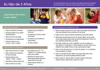 Su Hijo de 3 Años
¿Qué hacen los niños
a esta edad?
En cada visita médica de su hijo, hable con el pediatra sobre los indicadores
que su hijo alcanzó y cuáles son los que debería alcanzar a continuación.
Áreas social y emocional Cómo puede ayudar al desarrollo de su hijo
q Copia a los adultos y los amigos
q Demuestra afecto por sus amigos
espontáneamente
q Espera su turno en los juegos
q Se preocupa si ve un amigo llorando
q Entiende la idea de lo que
“es mío”, “de él” o “de ella”
q Sigue instrucciones de 2 o 3 pasos
q Sabe el nombre de la mayoría de
las cosas conocidas
q Entiende palabras como
“adentro”, “arriba” o “debajo”
q Puede decir su nombre, edad y sexo
q Sabe el nombre de un amigo
q	 Expresa una gran variedad de
emociones
q	 Se separa de su mamá y su papá
con facilidad
q	 Se molesta con los cambios de
rutina grandes
q	 Se viste y desviste
q	 Dice palabras como “yo”, “mi”,
“nosotros”, “tú” y algunos plurales
(autos, perros, gatos)
q	 Habla bien de manera que los
desconocidos pueden entender la
mayor parte de lo que dice
q	 Puede conversar usando 2 o 3
oraciones
➔	 Reúnase a jugar en grupos con su hijo o vaya a otros lugares donde hay más
niños, para enseñarle a que se lleve bien con los demás.
➔	 Ayude a su hijo a tratar de resolver los problemas cuando está molesto.
➔	 Hable sobre las emociones de su hijo. Por ejemplo, dígale “me doy cuenta
de que estás enojado porque tiraste la pieza del rompecabezas”. Anime a su
hijo a identificar sentimientos en los libros.
➔	 Fije reglas y límites para su hijo y respételas. Si su hijo no respeta una
regla, déjelo de 30 segundos a 1 minuto sentado en una silla o dentro de su
habitación como castigo. Felicite a su hijo cuando sigue las reglas.
➔	 Dele a su hijo instrucciones de 2 o 3 pasos. Por ejemplo, “ve a tu habitación
y trae tus zapatos y tu abrigo”.
➔	 Léale a su hijo todos los días. Pídale a su hijo que señale cosas en las
ilustraciones y que repita las palabras después de usted.
➔	 Dele a su hijo una “caja con útiles” con papel, crayones y libros para
colorear. Coloree y dibuje líneas y formas con su hijo.
Áreas del habla y la comunicación
3231 Aprenda los signos. Reaccione pronto. www.cdc.gov/pronto | 1-800-CDC-INFO
 