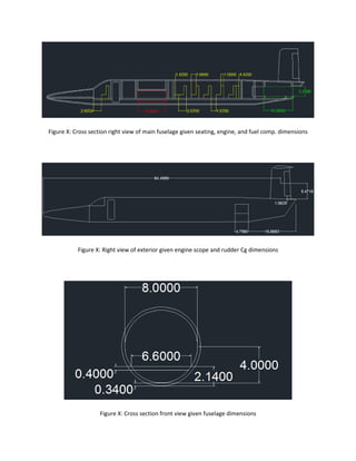 Figure X: Cross section right view of main fuselage given seating, engine, and fuel comp. dimensions
Figure X: Right view of exterior given engine scope and rudder Cg dimensions
Figure X: Cross section front view given fuselage dimensions
 
