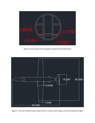 Figure X: Cross section front view given auxiliary fuel cell dimensions
Figure X: Top view of exterior given wing and horz. tail span, plane length, and main wing chord lengths
 