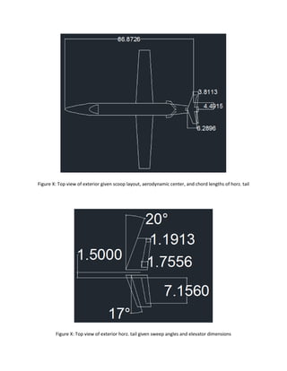 Figure X: Top view of exterior given scoop layout, aerodynamic center, and chord lengths of horz. tail
Figure X: Top view of exterior horz. tail given sweep angles and elevator dimensions
 