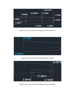Figure X: Cross section top view of wing given fuel cell dimensions
Figure X: Cross section top view of wing given spar locations
Figure X: Cross section top view of wing given aileron dimensions
 