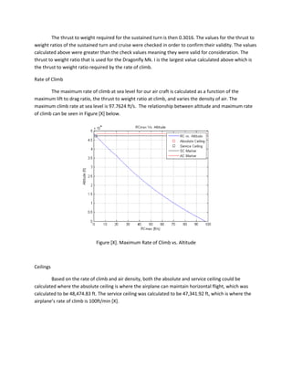 The thrust to weight required for the sustained turn is then 0.3016. The values for the thrust to
weight ratios of the sustained turn and cruise were checked in order to confirm their validity. The values
calculated above were greater than the check values meaning they were valid for consideration. The
thrust to weight ratio that is used for the Dragonfly Mk. I is the largest value calculated above which is
the thrust to weight ratio required by the rate of climb.
Rate of Climb
The maximum rate of climb at sea level for our air craft is calculated as a function of the
maximum lift to drag ratio, the thrust to weight ratio at climb, and varies the density of air. The
maximum climb rate at sea level is 97.7624 ft/s. The relationship between altitude and maximum rate
of climb can be seen in Figure [X] below.
Figure [X]. Maximum Rate of Climb vs. Altitude
Ceilings
Based on the rate of climb and air density, both the absolute and service ceiling could be
calculated where the absolute ceiling is where the airplane can maintain horizontal flight, which was
calculated to be 48,474.83 ft. The service ceiling was calculated to be 47,341.92 ft, which is where the
airplane’s rate of climb is 100ft/min [X].
 