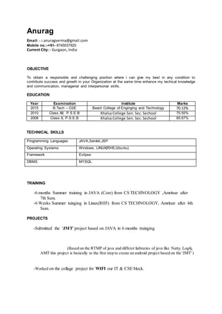 Anurag
Email: - i.anuragverma@gmail.com
Mobile no.:-+91- 8745037925
Current City: - Gurgaon, India
OBJECTIVE
To obtain a responsible and challenging position where i can give my best in any condition to
contribute success and growth in your Organization at the same time enhance my techical knowledge
and communication, managerial and interpersonal skills.
EDUCATION
Year Examination Institute Marks
2015 B.Tech – CSE Beant College of Enginging and Technology 70.12%
2010 Class XII, P.S.E.B Khalsa College Sen. Sec. Sechool 75.55%
2008 Class X, P.S.E.B Khalsa College Sen. Sec. Sechool 85.67%
TECHNICAL SKILLS
Programming Languages JAVA,Servlet,JSP
Operating Systems Windows, LINUX(RH5,Ubuntu)
Framework Eclipse
DBMS MYSQL
TRAINING
-6 months Summer training in JAVA (Core) from CS TECHNOLOGY ,Amritsar after
7th Sem.
-6 Weeks Summer tainging in Linux(RH5) from CS TECHNOLOGY, Amritsar after 4th
Sem.
PROJECTS
-Submitted the 'JMT' project based on JAVA in 6 months trainging
(Based on the RTMP of java and differet liabraries of java like Natty, Log4j,
AMT this project is basically to the first step to create an android project based on the 'JMT' )
-Worked on the collage project for WIFI our IT & CSE block.
 