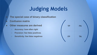 Judging Models
● The special case of binary classification
● Confusion matrix
● Other measures are derived
○ Accuracy: how often right
○ Precision: few false positives.
○ Sensitivity: few false negatives
TP FN
TNFP
 