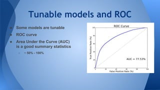 Tunable models and ROC
● Some models are tunable
● ROC curve
● Area Under the Curve (AUC)
is a good summary statistics
○ ~ 50% - 100%
 