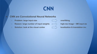 CNN
● CNN are Convolutional Neural Networks
○ Problem: large input size overfitting
○ Reason: large number of input weights high-res image ~ 6M input ws
○ Solution: look at the visual cortex localization & translation inv.
 