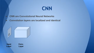 CNN
● CNN are Convolutional Neural Networks
● Convolution layers are localized and identical
Input
Layer
Conv.
Layer
 
