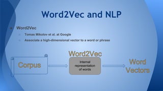 Word2Vec and NLP
● Word2Vec
○ Tomas Mikolov et al. at Google
○ Associate a high-dimensional vector to a word or phrase
Internal
representation
of words
 
