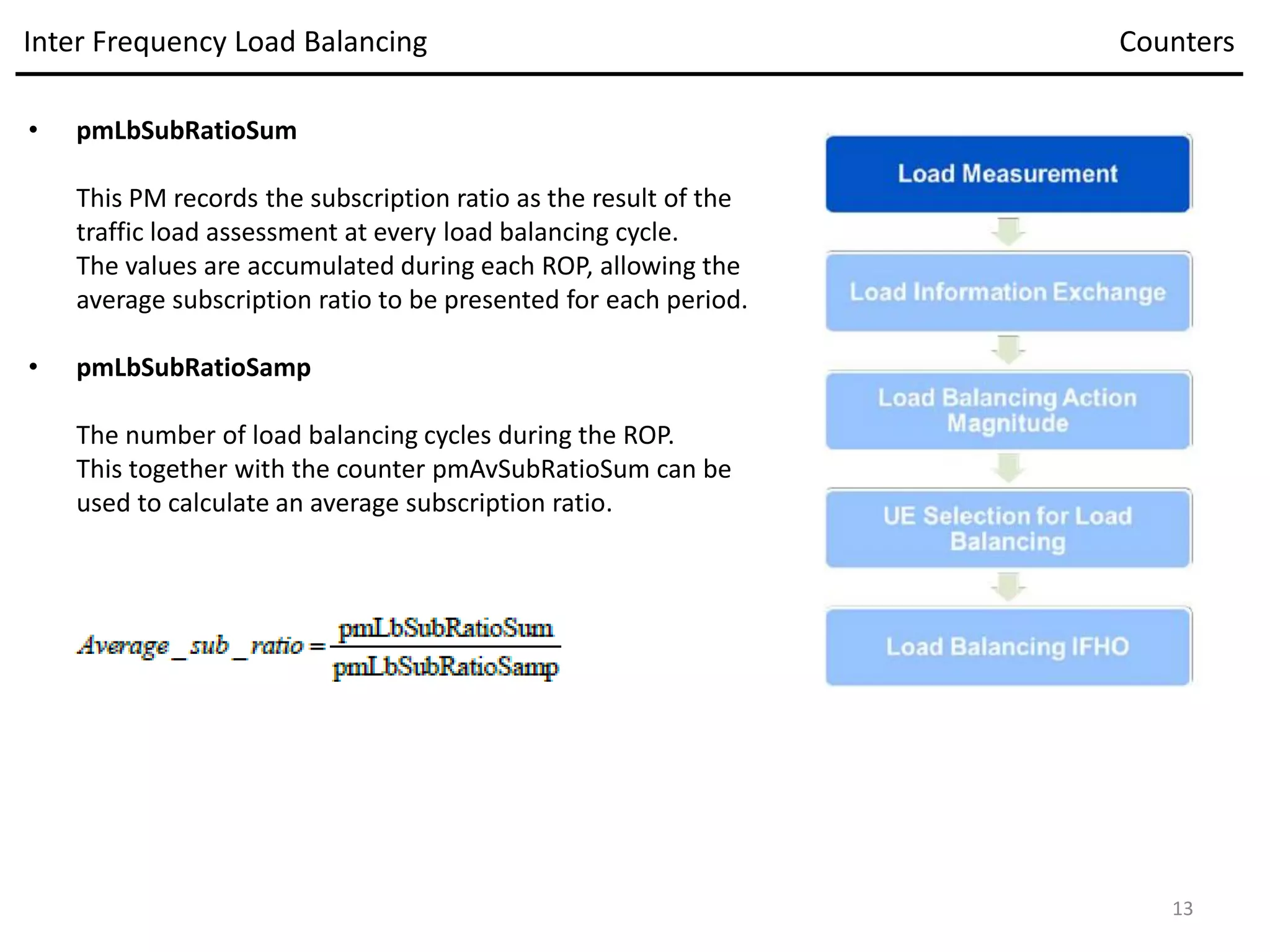 • pmLbSubRatioSum
This PM records the subscription ratio as the result of the
traffic load assessment at every load balancing cycle.
The values are accumulated during each ROP, allowing the
average subscription ratio to be presented for each period.
• pmLbSubRatioSamp
The number of load balancing cycles during the ROP.
This together with the counter pmAvSubRatioSum can be
used to calculate an average subscription ratio.
Inter Frequency Load Balancing Counters
13
 