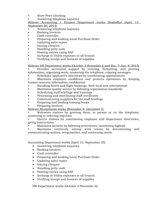 • Store Price checking
• Answering telephone inquiries
Reliever Accounting / Finance Department works Headoffice (April 13-
September 30, 2014)
• Answering telephone inquiries.
• Booking Invoices
• Cash controller
• Preparing and booking Local Purchase Order
• Updating sales report
• Issuing cheques
• Handling petty cash
• Passing entries using SAP
• Incharge in Utility expenses in all branch.
• Verifying receipt and Invoices of supplies.
Reliever HR Department works (October 3-November 6 and Dec. 7-Jan. 8, 2015)
• Provides secretarial support by entering, formatting, and printing
information; organizing work; answering the telephone; relaying messages
• Schedules applicant’s interviews by coordinating appointments.
• Maintains employee confidence and protects operations by keeping
human resource information confidential.
• Handling hotels and flight bookings, both local and international
• Maintains quality service by following organization standards.
• Scheduling staff briefings and trainings
• Processing and distributing staff certificates
• Communicating suppliers for the staff briefings
• Preparing and binding training books
• Preparing invoices
Reliever Receptionist works (November 9- December 7)
• Welcomes visitors by greeting them, in person or on the telephone;
answering or referring inquiries.
• Directs visitors by maintaining employee and department directories;
giving instructions.
• Maintains security by following procedures; monitoring logbook
• Maintains continuity among work teams by documenting and
communicating actions, irregularities, and continuing needs.
Accounting Department works (April 13- September 30)
• Answering telephone inquiries.
• Booking Invoices
• Cash controller
• Preparing and booking Local Purchase Order
• Updating sales report
• Issuing cheques
• Handling petty cash
• Passing entries using SAP
• Incharge in Utility expenses in all branch.
• Verifying receipt and Invoices of supplies.
HR Department works (October 3-November 6)-
 