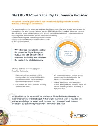 MATRIXX Powers the Digital Service Provider
We’ve built the next generation of real-time technology to power the extreme
demands of the digital environment.
We are changing the game with our Interactive Digital Ecosystem because our
experience working with leading CSPs has taught us what it takes to navigate the
journey from being a network-centric business to a customer-centric business.
We act like our customers; we’re smart, innovative, and agile.
Our patented technology is at the core of today’s digital transformation because, starting now, the value lies
in every interaction with customers being in real-time. MATRIXX provides a new kind of business platform,
one that neither forces business trade-offs nor requires the massive investment of conventional business
support systems. We reinvented real-time transaction processing
to develop an entirely new, patented approach to Business
Support Software and Solutions architected specifically
for the digital environment.
•	 Deployed by tier-one service providers
running on low-cost, off-the-shelf hardware
and delivering greater than 100 times the
performance of competing systems
•	 Our investors are service providers including
Swisscom and Telstra
•	 We have an extensive set of global delivery
partners deploying and supporting the
MATRIXX Solution worldwide
•	 Leading analyst firms such as Frost and
Sullivan, Analysys Mason, Infonetics, Ovum and
Gartner have recognized our technology as
highly disruptive
MATRIXX Software has been recognized
throughout the industry:
We’re the lead innovator in creating
the Interactive Digital Ecosystem
(IDE), a new BSS stack free from
outmoded technology and aligned to
the needs of the digital economy.
 