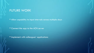 FUTURE WORK
• Allow capability to input intervals across multiple days
• Connect the app to the ACN server
• Implement with colleagues’ applications
 