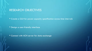 RESEARCH OBJECTIVES
• Create a GUI for power capacity specification across time intervals
• Design a user-friendly interface
• Connect with ACN server for data exchange
 