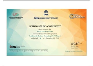 CERTIFICATE OF ACHIEVEMENT
This is to certify that
NITIN SAINI ( 127840 )
has sucessfully completed the program
Certificate in Business Consulting (40 PD Hours)
with Grade B on December 16th, 2016
Dr. V.P. Gulati
Head-TCS BDA
Certificate No.NGCBCo/189003/2016
Powered by TCPDF (www.tcpdf.org)
 