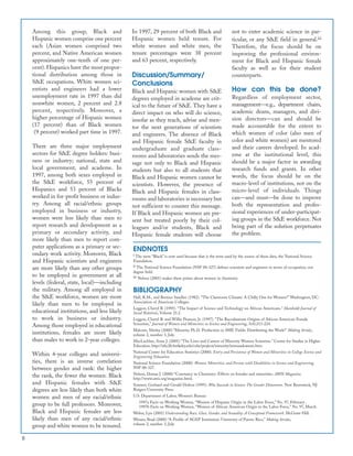 8
Among this group, Black and
Hispanic women comprise one percent
each (Asian women comprised two
percent, and Native American women
approximately one-tenth of one per-
cent). Hispanics have the most propor-
tional distribution among those in
S&E occupations. White women sci-
entists and engineers had a lower
unemployment rate in 1997 than did
nonwhite women, 2 percent and 2.8
percent, respectively. Moreover, a
higher percentage of Hispanic women
(17 percent) than of Black women
(9 percent) worked part time in 1997.
There are three major employment
sectors for S&E degree holders: busi-
ness or industry; national, state and
local government; and academe. In
1997, among both sexes employed in
the S&E workforce, 55 percent of
Hispanics and 53 percent of Blacks
worked in for-profit business or indus-
try. Among all racial/ethnic groups
employed in business or industry,
women were less likely than men to
report research and development as a
primary or secondary activity, and
more likely than men to report com-
puter applications as a primary or sec-
ondary work activity. Moreover, Black
and Hispanic scientists and engineers
are more likely than any other groups
to be employed in government at all
levels (federal, state, local)—including
the military. Among all employed in
the S&E workforce, women are more
likely than men to be employed in
educational institutions, and less likely
to work in business or industry.
Among those employed in educational
institutions, females are more likely
than males to work in 2-year colleges.
Within 4-year colleges and universi-
ties, there is an inverse correlation
between gender and rank: the higher
the rank, the fewer the women. Black
and Hispanic females with S&E
degrees are less likely than both white
women and men of any racial/ethnic
group to be full professors. Moreover,
Black and Hispanic females are less
likely than men of any racial/ethnic
group and white women to be tenured.
In 1997, 29 percent of both Black and
Hispanic women held tenure. For
white women and white men, the
tenure percentages were 38 percent
and 63 percent, respectively.
Discussion/Summary/
Conclusions
Black and Hispanic women with S&E
degrees employed in academe are crit-
ical to the future of S&E. They have a
direct impact on who will do science,
insofar as they teach, advise and men-
tor the next generations of scientists
and engineers. The absence of Black
and Hispanic female S&E faculty in
undergraduate and graduate class-
rooms and laboratories sends the mes-
sage not only to Black and Hispanic
students but also to all students that
Black and Hispanic women cannot be
scientists. However, the presence of
Black and Hispanic females in class-
rooms and laboratories is necessary but
not sufficient to counter this message.
If Black and Hispanic women are pre-
sent but treated poorly by their col-
leagues and/or students, Black and
Hispanic female students will choose
not to enter academic science in par-
ticular, or any S&E field in general.iii
Therefore, the focus should be on
improving the professional environ-
ment for Black and Hispanic female
faculty as well as for their student
counterparts.
How can this be done?
Regardless of employment sector,
management—e.g., department chairs,
academic deans, managers, and divi-
sion directors—can and should be
made accountable for the extent to
which women of color (also men of
color and white women) are mentored
and their careers developed. In acad-
eme at the institutional level, this
should be a major factor in awarding
research funds and grants. In other
words, the focus should be on the
macro-level of institutions, not on the
micro-level of individuals. Things
can—and must—be done to improve
both the representation and profes-
sional experiences of under-participat-
ing groups in the S&E workforce. Not
being part of the solution perpetuates
the problem.
ENDNOTES
i The term “Black” is now used because that is the term used by the source of these data, the National Science
Foundation.
ii The National Science Foundation (NSF 00-327) defines scientists and engineers in terms of occupation, not
degree field.
iii Nelson (2001) makes these points about women in chemistry.
BIBLIOGRAPHY
Hall, R.M., and Bernice Sandler. (1982). “The Classroom Climate: A Chilly One for Women?” Washington, DC:
Association of American Colleges.
Leggon, Cheryl B. (1995). “The Impact of Science and Technology on African Americans.” Humboldt Journal of
Social Relations, Volume 21:2.
Leggon, Cheryl B. and Willie Pearson, Jr. (1997). “The Baccalaureate Origins of African American Female
Scientists,” Journal of Women and Minorities in Science and Engineering, 3(4):213-224.
Malcom, Shirley (2000) “Minority Ph.D. Production in SME Fields: Distributing the Work?” Making Strides,
volume 2, number 3, July.
MacLachlan, Anne J. (2001) “The Lives and Careers of Minority Women Scientists.” Center for Studies in Higher
Education, http://ishi.lib.berkeley.edu/cshe/projects/minority/invesandcareers.htm.
National Center for Education Statistics (2000). Entry and Persistence of Women and Minorities in College Science and
Engineering Education.
National Science Foundation (2000). Women, Minorities, and Persons with Disabilities in Science and Engineering.
NSF 00-327.
Nelson, Donna J. (2000) “Constancy in Chemistry: Effects on females and minorities. AWIS Magazine.
http://www.awis.org/magazine.html.
Sonnert, Gerhard and Gerald Holton (1995). Who Succeeds in Science: The Gender Dimension. New Brunswick, NJ:
Rutgers University Press.
U.S. Department of Labor, Women’s Bureau:
1997a Facts on Working Women, “Women of Hispanic Origin in the Labor Force,” No. 97, February .
1997b Facts on Working Women, “Women of African American Origin in the Labor Force,” No. 97, March.
Weber, Lyn (2001) Understanding Race, Class, Gender, and Sexuality: A Conceptual Framework. McGraw-Hill.
Weiner, Brad (2000) “A Profile of AGEP Institution: University of Puerto Rico,” Making Strides,
volume 2, number 3, July.
 