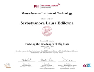 Massachusetts Institute of Technology
This is to certify that
has successfully completed
Tackling the Challenges of Big Data
March 4 - April 1, 2014
(20 hours)
An online program developed by the faculty of the MIT Computer Science and Artificial Intelligence Laboratory
in collaboration with MIT Professional Education and edX
Bhaskar Pant
Executive Director
MIT Professional Education
Daniela Rus
Professor & Director
MIT Computer Science and
Artificial Intelligence Laboratory
Sam Madden
Professor & Director, Big Data Initiative,
MIT Computer Science and
Artificial Intelligence Laboratory
!
Sevostyanova Laura Edilevna
 