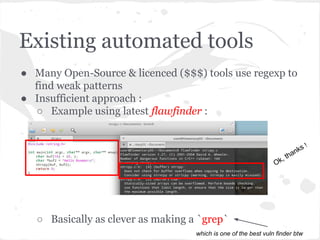 Existing automated tools
● Many Open-Source & licenced ($$$) tools use regexp to
find weak patterns
● Insufficient approac...