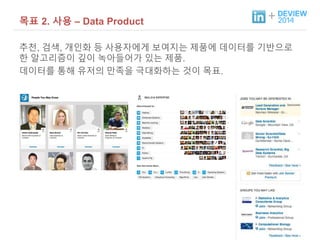 + 목표 2. 사용 – Data Product 
추천, 검색, 개인화 등 사용자에게 보여지는 제품에 데이터를 기반으로 
한 알고리즘이 깊이 녹아들어가 있는 제품. 
데이터를 통해 유저의 만족을 극대화하는 것이 목표. 
 