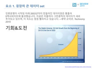 + 요소 1. 굉장히 큰 데이터 set 
인류문명이 시작된 이래 2003년까지 만들어진 데이터양은 통틀어 
5엑사바이트에 불과했습니다. 지금은 이틀마다 그만큼씩의 데이터가 새로 
추가되고 있으며, 이 속도는 점점 빨라지고 있습니다. –에릭 슈미트, Technomy 
2010 
기회&도전 
http://en.wikipedia.org/wiki/File:Google_Analytics_Sample_Dashboard.jpg 
 