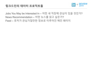 + 링크드인의 데이터 프로덕트들 
Jobs You May be Interested In – 어떤 새 직장에 관심이 있을 것인가? 
News Recommendation – 어떤 뉴스를 읽고 싶은가? 
Feed – 유저가 관심가질만한 정보로 이루어진 메인 페이지 
 