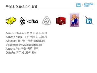 + 특징 2. 오픈소스의 활용 
Apache Hadoop: 분산 처리 시스템 
Apache Kafka: 분산 메세징 시스템 
Azkaban: 웹 기반 하둡 scheduler 
Voldemort: Key/Value Storage 
Apache Pig: 하둡 쿼리 언어 
DataFu: 피그용 UDF 모음 
 