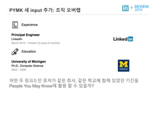 + PYMK 새 input 추가: 조직 오버랩 
어떤 두 링크드인 유저가 같은 회사, 같은 학교에 함께 있었던 기간을 
People You May Know에 활용 할 수 있을까? 
Can we compute edge affinity based on organizational overlap? 
 