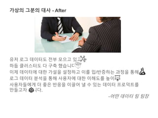 가상의 그분의 대사 - After 
유저 로그 데이터도 전부 모으고 있고, 
하둡 클러스터도 다 구축 했습니다. 
이제 데이터에 대한 가설을 설정하고 이를 입/반증하는 과정을 통해서, 
로그 데이터 분석을 통해 사용자에 대한 이해도를 높이고 
사용자들에게 더 좋은 반응을 이끌어 낼 수 있는 데이터 프로덕트를 
만들고자 합니다. 
-어떤 데이터 팀 팀장 
 
