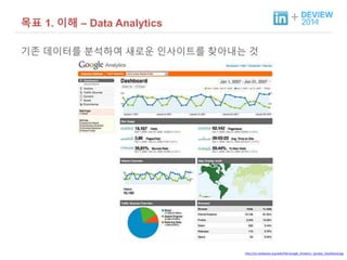 + 목표 1. 이해 – Data Analytics 
기존 데이터를 분석하여 새로운 인사이트를 찾아내는 것 
http://en.wikipedia.org/wiki/File:Google_Analytics_Sample_Dashboard.jpg 
 
