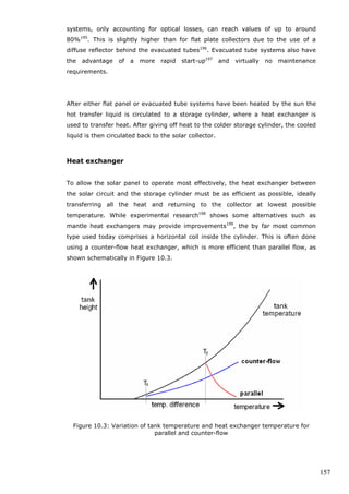 156 
Figure 10.1: Simple schematic diagram of a typical flat panel solar thermal collector 
Typical flat panel solar collectors can reach conversion efficiencies of around 75% 
under standard testing conditions192. 
Evacuated Tube Systems 
To further reduce heat losses and improve overall efficiency of the collector system, 
evacuated tube type solar collectors are designed to eliminate any losses from 
thermal convection. This type of collector consists of several glass tubes that 
contain a vacuum, or consist of double-glazed tubes that are separated by a 
vacuum. Each glass tube contains a copper tube that allows heat extraction using a 
transfer liquid. A simple schematic is shown in Figure 10.2. 
Figure 10.2: Simple schematic diagram of a typical evacuated tube solar thermal 
collector 
While the copper tube can take different shapes and arrangements193, it usually 
takes the form of a U-tube. The vacuum around each copper tube provides 
additional heat loss prevention, although not all losses can be avoided194. The 
vastly reduced heat loss makes the evacuated tube system particularly suitable for 
colder climates, such as in the UK. Zero-loss efficiencies of evacuated tube 
 