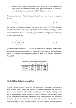 274 
12.3 Theoretical Output 
Determining the theoretical performance of the heat pumps, which will be useful for 
system sizing for example, is relatively simple. The coefficient of performance (CP) 
of the GSHP systems determines how much electrical energy is required to satisfy 
the space heating demand of a building. According to the manufacturer, at least 
3kWh heat energy can be expected from an input of 1kWh of electrical energy. 
Using this CP value together with the estimated space heating requirements for the 
homes, the theoretical amount of required electrical energy can be established. This 
involves a simple calculation using equation (12.2). 
E H Q 
CP 
Q 
1 
= (12.2) 
Table 12.D is used to reiterate the space heating energy demand of the three 
dwellings previously found on page 117, while Table 12.E shows the estimated 
electrical energy required to satisfy this demand using the GSHP systems. 
CASAnova was previously shown to give the most accurate prediction, but SAP 
estimates are required for compliance and are therefore also included. A moderate 
Coefficient of Performance (CP) value equal to 3 is assumed. 
Table 12.D: Space heating requirements according to the three estimation methods 
H Q SAP (adjusted) (kWh) CASAnova (kWh) 
Palmerston 4,576 7,638 
Washington 3,628 6,066 
Malvern 10,821 14,936 
Table 12.E: Electrical energy required for space heating using GSHP, assuming 
CP=3 
E Q SAP (adjusted) (kWh) CASAnova (kWh) 
Palmerston 1,525 2,546 
Washington 1,209 2,022 
Malvern 3,607 4,987 
 