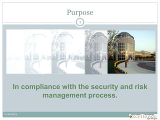 Create a reliable and
consistent corporate model
to identify and evaluate user
access rights that is….
Purpose
11/20/2013
In compliance with the security and risk
management process.
2
 