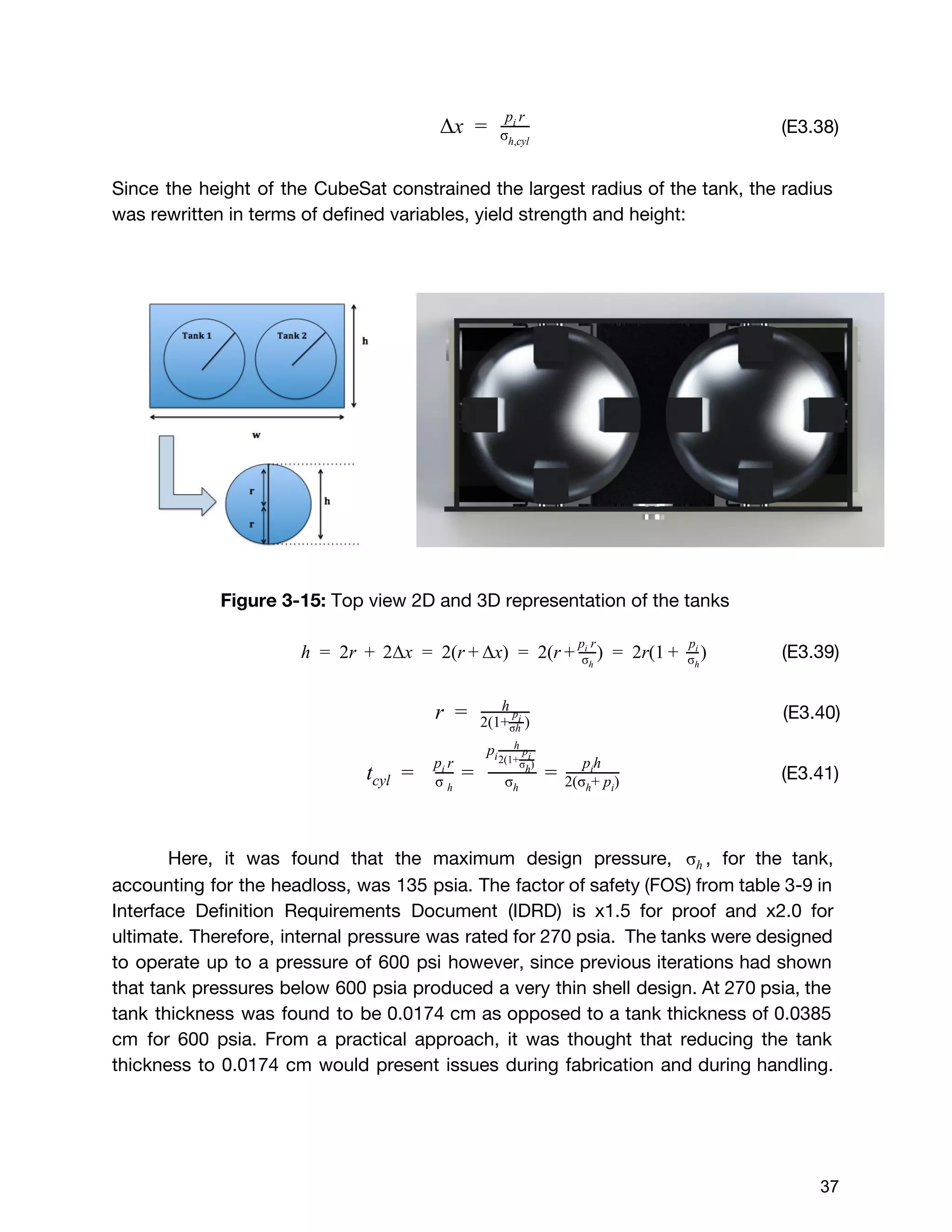 ​(E3.38)x   Δ =  
p ri 
σh,cyl
Since the height of the CubeSat constrained the largest radius of the tank, the radius
was rewritten in terms of defined variables, yield strength and height:
Figure 3-15: ​Top view 2D and 3D representation of the tanks
​(E3.39)  2r  2Δx  2(r x)  2(r )  2r(1 )h =   +   =   + Δ =   + σh
p  ri
=   +  
pi
σh
​(E3.40) r =   h
2(1+ )
pi
σh 
(E3.41) tcyl =    σ h
p ri 
=   σh
pi
h
2(1+
pi
σ )h
=
p hi
2(σ + p )h i
Here, it was found that the maximum design pressure, , for the tank,σh
accounting for the headloss, was 135 psia. The factor of safety (FOS) from table 3-9 in
Interface Definition Requirements Document (IDRD) is x1.5 for proof and x2.0 for
ultimate. Therefore, internal pressure was rated for 270 psia. The tanks were designed
to operate up to a pressure of 600 psi however, since previous iterations had shown
that tank pressures below 600 psia produced a very thin shell design. At 270 psia, the
tank thickness was found to be 0.0174 cm as opposed to a tank thickness of 0.0385
cm for 600 psia. From a practical approach, it was thought that reducing the tank
thickness to 0.0174 cm would present issues during fabrication and during handling.
 
 
37 
 