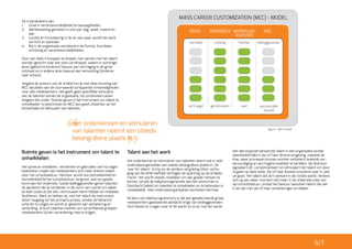 De 4 parameters zijn:
1.	 Groei in verantwoordelijkheid en bevoegdheden.
2.	 Werkbelasting gemeten in uren per dag, week, maand en
jaar.
3.	 Locatie en inroostering in de zin van waar wordt het werk
verricht en wanneer.
4.	 Rol in de organisatie verankerd in de functie, functiebe-
schrijving en verantwoordelijkheden.
Door aan deze 4 knoppen te draaien, kan samen met het talent
worden gezocht naar een juist carrièrepad, waarin in sommige
jaren (geboorte kinderen) bewust een vertraging in de groei
ontstaat en in andere jaren bewust een versnelling (kinderen
naar school).
Volgens de auteurs van dit artikel kun je met deze invulling van
MCC sleutelen aan de voorwaarde scheppende omstandigheden
voor alle medewerkers. Het geeft geen specifieke stimulans
aan de talenten binnen de organisatie. De combinatie tussen
hetgeen dat onder ‘Ruimte geven is het instrument om talent te
ontwikkelen’ is beschreven en MCC kan goed uitwerken op het
binnenhalen en behouden van talenten.
MASS CAREER CUSTOMIZATION (MCC) - MODEL
GROEI WERKDRUK WERKPLEK/
ROOSTER
ROL
versneld
vertraagd
volledig
gereduceerd
flexibel
vast
leidinggevende
persoonlijke
keuzes
Ruimte geven is het instrument om talent te
ontwikkelen
Het opnieuw ontdekken, versterken en gebruiken van hun eigen
kwaliteiten maakt dat medewerkers zich meer erkend voelen
door het schoolbestuur. Hierdoor wordt hun betrokkenheid en
tevredenheid bij het schoolbestuur vergroot, wat ten goede
komt aan het onderwijs. Goede leidinggevenden geven talenten
de aandacht die ze verdienen: in de vorm van ruimte om zaken
te doen zoals zij dat zien, vertrouwen hierin hebben en middelen
faciliteren. Want zo hebben zij, met het talent als instrument,
direct toegang tot het primaire proces, zonder de hiërarchi-
sche lijn te volgen en wordt er gewerkt aan verbetering en
verbinding. Je kunt talenten inzetten om verschillende groepen
medewerkers bij een verandering mee te krijgen.
Talent aan het werk
Het onderkennen en stimuleren van talenten neemt ook in veel
onderwijsorganisaties een steeds belangrijkere plaats in. De
‘war for talent’, krimp en de verdere vergrijzing (door verho-
ging van de AOW-leeftijd) verhogen de spanning op de arbeids-
markt. Het wordt steeds moeilijker om aan goede mensen te
komen, terwijl de babyboomgeneratie aan het uitstromen is.
Doordacht beleid om talenten te ontwikkelen en te behouden is
noodzakelijk. Veel onderwijsorganisaties worstelen hiermee.
De kern van talentprogramma’s is dat een geselecteerde groep
medewerkers gedoseerde aandacht krijgt van leidinggevenden.
Toch blijven er vragen over of dit werkt en zo ja, hoe het werkt.
Het niet-expliciet benoemde talent in een organisatie zonder
talentbeleid kijkt in zijn of haar directe omgeving, meestal de
klas, waar processen kunnen worden verbeterd teneinde ver-
eenvoudiging en een hogere kwaliteit te bereiken. De directeur
signaleert dit, complimenteert en stimuleert het talent om door
te gaan op deze wijze. Zijn of haar klassen presteren jaar in, jaar
uit goed. Het talent dat zich vierkant in de rondte werkt, herkent
zich op een zeker moment niet meer in de onderwijs-visie van
zijn schoolbestuur, omdat het bestuur besluiten neemt die niet
in lijn zijn met zijn of haar verbeteringen en ideeën.
figuur 1: MCC-model
“Het onderkennen en stimuleren
van talenten neemt een steeds
belangrijkere plaats in.
”
5/7
 