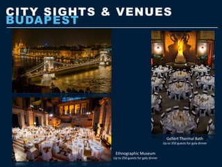 CITY SIGHTS & VENUES
BUDAPEST
Ethnographic Museum
Up to 250 guests for gala dinner
Gellért Thermal Bath
Up to 350 guests for gala dinner
 