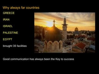 Why always far countries
GREECE
IRAN
ISRAEL
PALESTINE
EGYPT
brought 35 facilities
Good communication has always been the Key to success
 