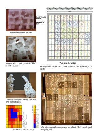 Molten Wax over Ice cubes
Arrangement of the blocks according to the percentage of
voids
A facade designed using the wax and plastic blocks, reinforced
using MS barsInsolation Chart (Ecotect)
Molten Wax and plastic (LDPDE)
over Ice cubes
Plan and Elevation
Gateway designed using the wax
and plastic blocks
 