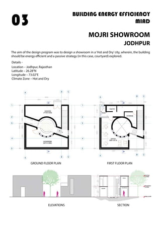 BUILDING ENERGY EFFICIENCY
MIAD
MOJRI SHOWROOM
JODHPUR
The aim of the design program was to design a showroom in a‘Hot and Dry’city, wherein, the building
should be energy efficient and a passive strategy (in this case, courtyard) explored.
Details -
03
Location – Jodhpur, Rajasthan
Latitude – 26.28°N
Longitude – 73.02°E
Climate Zone – Hot and Dry
ELEVATIONS SECTION
GROUND FLOOR PLAN FIRST FLOOR PLAN
 